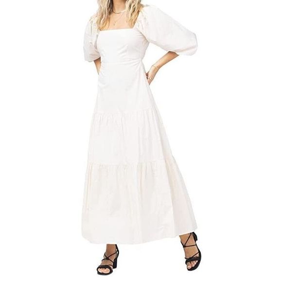 L*Space BAHDR22 Women's Sz Large Cream Bahia Open Back Peasant Maxi Dress $187 - Picture 11 of 13